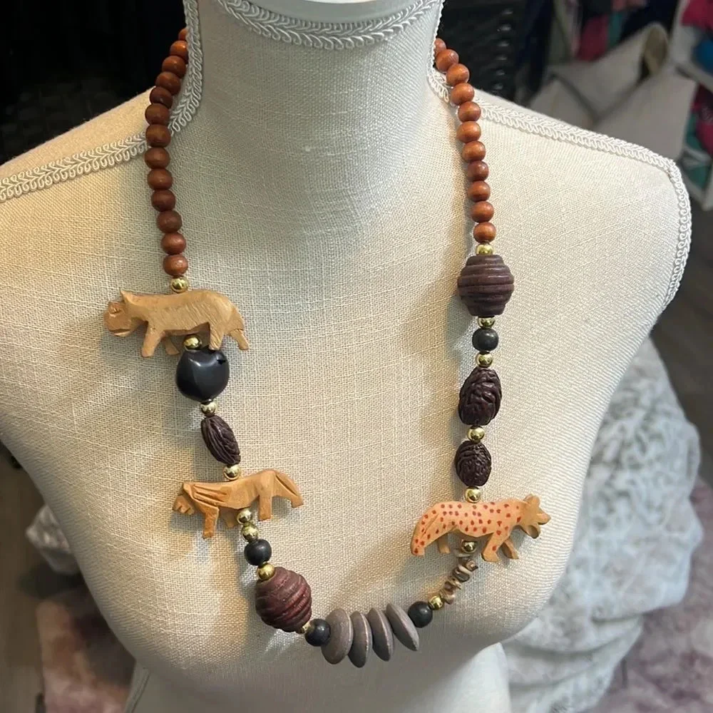 Vintage purple & Beige Beaded & Tribal Animal Statement Necklace